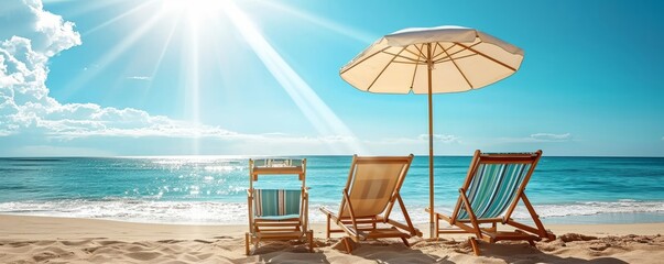 Landscape summer vacation holiday travel ocean sea beach background banner panorama - Wooden sun loungers, lounge chair and parasol on the sand, blue sky and sunshine, Generative AI 
