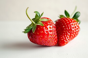 Two Vibrant, Ripe Strawberries Resting On Crisp, Clean White Surface