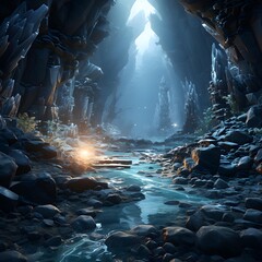 Fantasy landscape with river and cave. 3d render illustration.