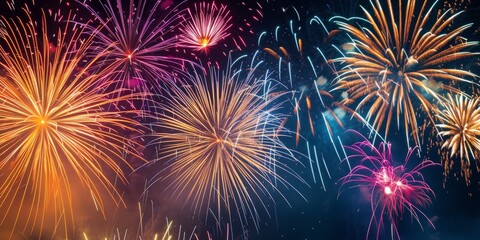 Obraz premium Vibrant Fireworks Illuminate The Night Sky, Celebrating The Joyous New Year. Сoncept Exquisite Flower Gardens, Serene Beach Sunsets, Majestic Mountain Landscapes, Enchanting Forest Adventures