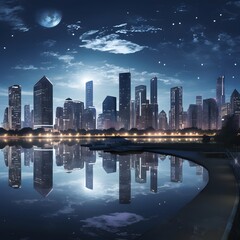 night scene of modern city with reflection in the water, 3d rendering