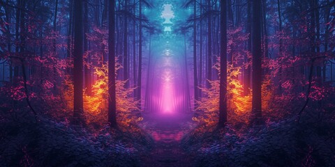 Fototapeta premium Vibrant, Enchanted Forest With Neon Lights Creates Mesmerizing Collage. Сoncept Glamorous Fashion Spreads, Urban Street Style, Dreamy Beach Landscapes, Architectural Wonders, Cozy Fall Foliage