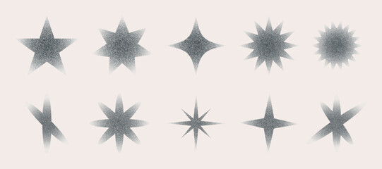 Stars shape black dot grain texture set. Stippling, dotwork pattern form. Vintage halftone effect trigon. Fading gradient. Vector illustration collection - obrazy, fototapety, plakaty