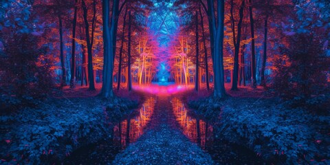 Vibrant, Enchanted Forest With Neon Lights Creates Mesmerizing Collage. Сoncept Bohemian Chic, Urban Graffiti, Rustic Countryside, Beach Sunset, Cityscape Skylines