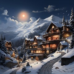 Winter mountain village with wooden houses at night. 3D rendering.