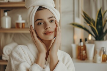 Obraz na płótnie Canvas Young Woman Wearing Bathrobe Applies Natural Skincare Products At Home. Сoncept At-Home Skincare Routine, Natural Beauty Products, Self-Care Rituals, Healthy Skin Habits