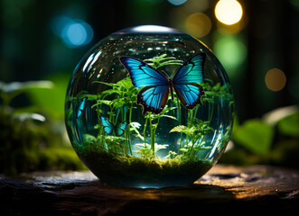 Blue butterfly in glassball. A glass ball containing a vibrant blue butterfly.