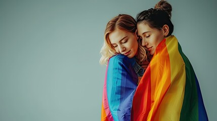 Two women hugging, covered by a rainbow flag, in a comforting embrace. - obrazy, fototapety, plakaty