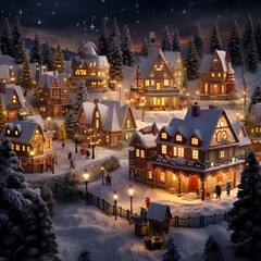 Illustration of a small village in the snow at Christmas time.
