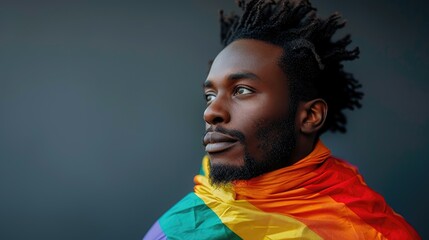 A thoughtful man with dreadlocks, draped in a rainbow flag on a dark background.