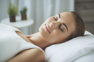 Obraz na płótnie Canvas girl with closed gases lies on a pillow in a spa salon