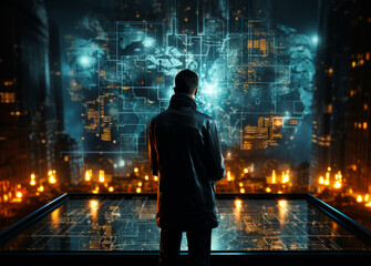 Naklejka premium Cyber man on a map at night. A man stands confidently in front of a bustling city, illuminated by the vibrant lights of the night.