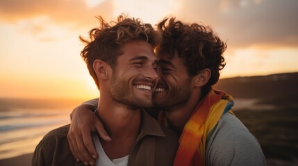Close-up of a young happy gay couple smiling hugging on the beach at sunset. Holidays, weekends together, unforgettable moments of life. - obrazy, fototapety, plakaty