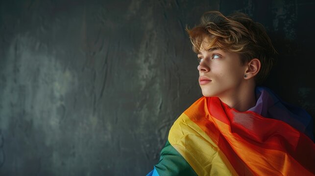 A young individual in a contemplative pose, covered with a rainbow pride flag.