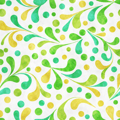 Abstract floral seamless pattern with plant leaves and watercolor texture. Fabric print with summer design with green, yellow and blue plant branches and paint dots, vector illustration