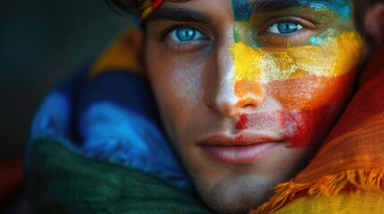 Close-up of a young man with rainbow paint on his face, wrapped in a colorful scarf.