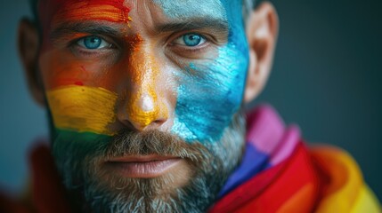 Intense close-up of a bearded man with rainbow face paint.