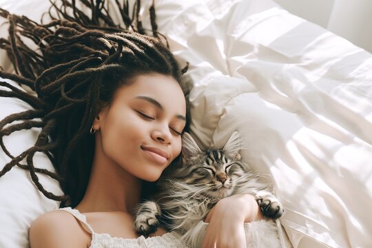 tranquil moment with a pet, woman with dreadlocks sleeping, smiling peacefully as she cuddles with her fluffy cat on cozy bed.