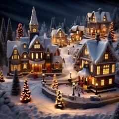 Christmas village in snow. Christmas and New Year concept. 3d rendering