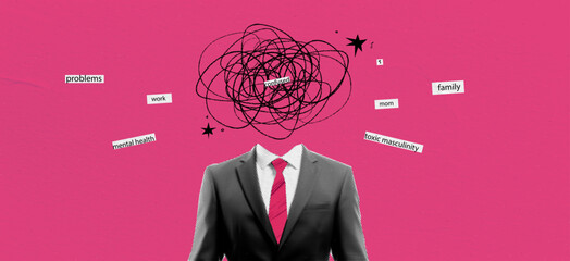 Retro concept collage with depression businessman in suit on halftone effect style. Pop art with doodle elements. Paper pink background for design. Vector illustration - obrazy, fototapety, plakaty