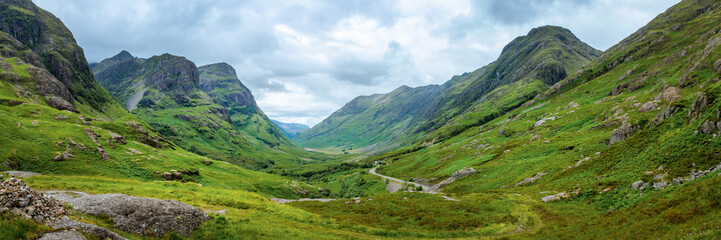 Scenic panorama of Glencoe valley in summer, Highlands of Scotland, UK