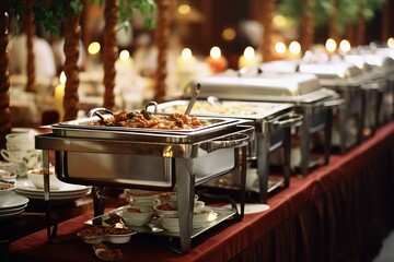 buffet tables with silver metal utensils 