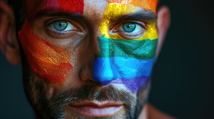 A bearded man with rainbow paint covering half of his face in a close-up shot.