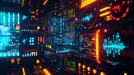 Data science and analytics concept. A neon led colored digital technology overlay or background. Futuristic hub interface concept. cyberpunk open space service office space interior blurred