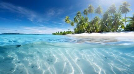 Panoramic view of tropical beach with palm trees and white sand