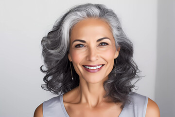 Fototapeta premium Portrait of gorgeous happy middle aged mature woman smiling and looking at camera isolated on white. Middle age skincare cosmetics, cosmetology concept. Ads of lifting anti wrinkle skin care. 
