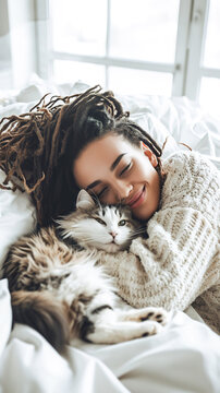 tranquil moment with a pet, woman with dreadlocks sleeping, smiling peacefully as she cuddles with her fluffy cat on cozy bed.