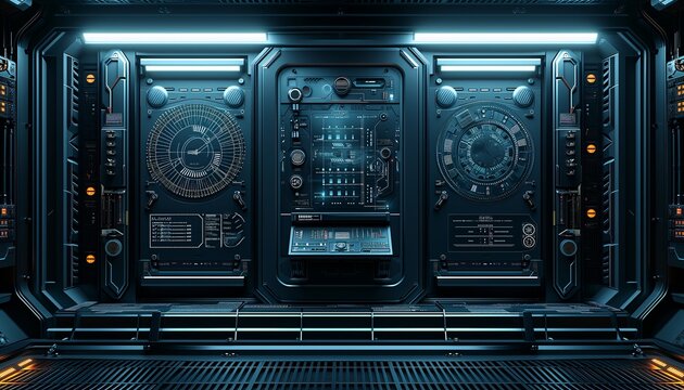 Futuristic sci-fi design external panels: space station, spaceship, or star ship science fiction style facility doors
