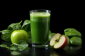 fresh juice in a glass with green spinach and apple