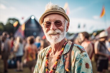 Handsome senior hippie man with hat and sunglasses at music festival - obrazy, fototapety, plakaty