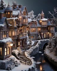 Christmas and New Year background. Winter fairy tale scene. Christmas trees and houses in the snow.