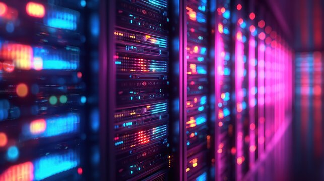 Hi-tech data storage server hallway, cloud computing neon glowing design. AI generated