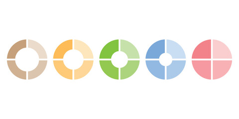 Set of four parts of circle. Pie chart with four same size sectors. Vector illustration isolated on white background.