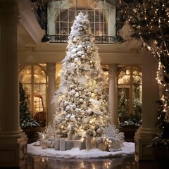 Christmas tree in the interior of a luxury house decorated for Christmas.