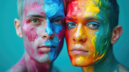 Two men with vibrant face paint, blue and red background.