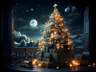 Christmas tree and train on the background of the night sky. 3d illustration