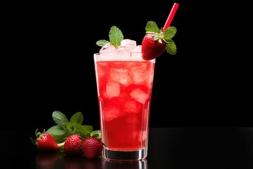 strawberry cocktail in a glass with straw isolated on black