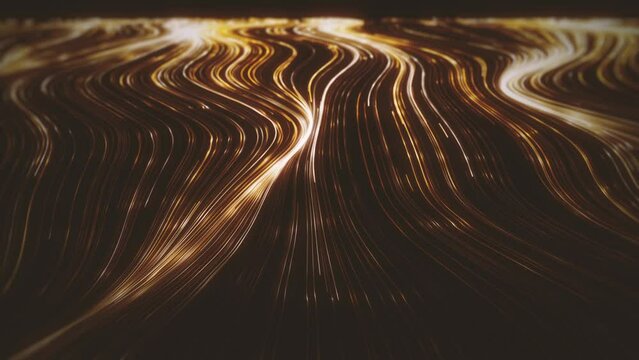 Gold Streaming Lines Background/ 4k animation of an abstract gold background of flowing ans streaming light strings with depth of field