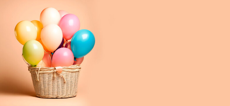 balloons in a basket, holiday greetings, birthday, wedding, valentine's day, peach blossom. artificial intelligence generator, AI, neural network image. background for the design.