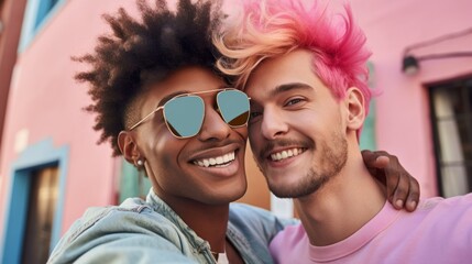 Close-up of two smiling carefree hipster men having fun on vacation, weekend together on a sunny summer day. A happy gay couple takes a selfie on a smartphone on a pink building background.