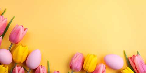 Fresh bouquet of yellow and red tulips on soft pastel yellow background with copy space. April easter spring background