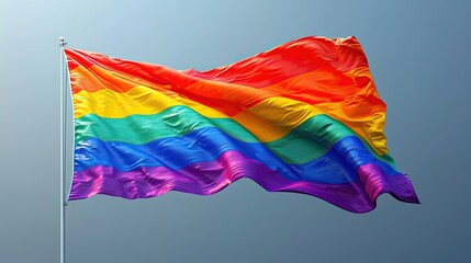 Large rainbow pride flag waving against a blue sky.