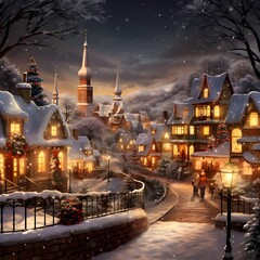 Digital painting of a winter night in a small village with christmas trees