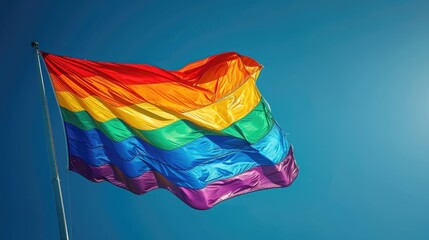 Large rainbow flag fluttering in the wind against a blue sky.
