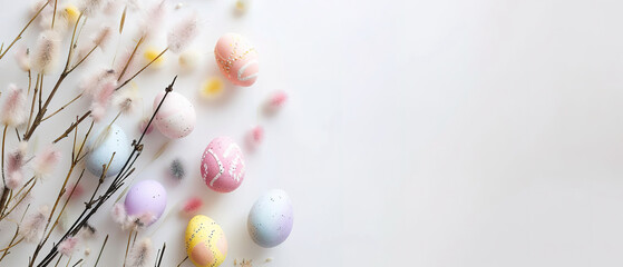 wallpaper with Easter Elements in the corner of the image, top view, with white background, with empty copy space