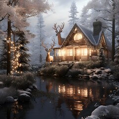 Winter cottage with deer on the bank of the river in the forest
